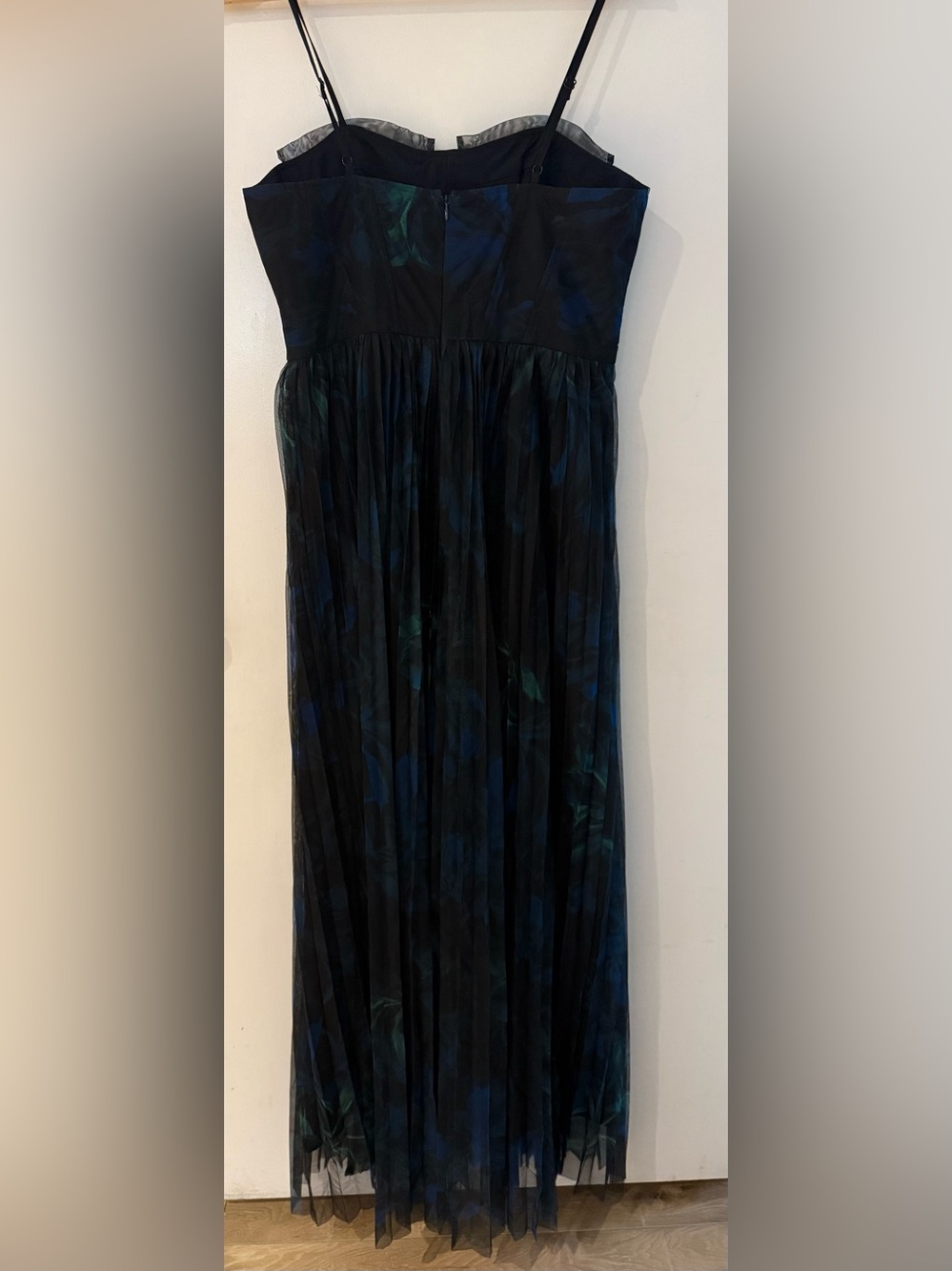 Women’s Pleated Maxi Dress in Black with Deep Blue & Green Floral Accents